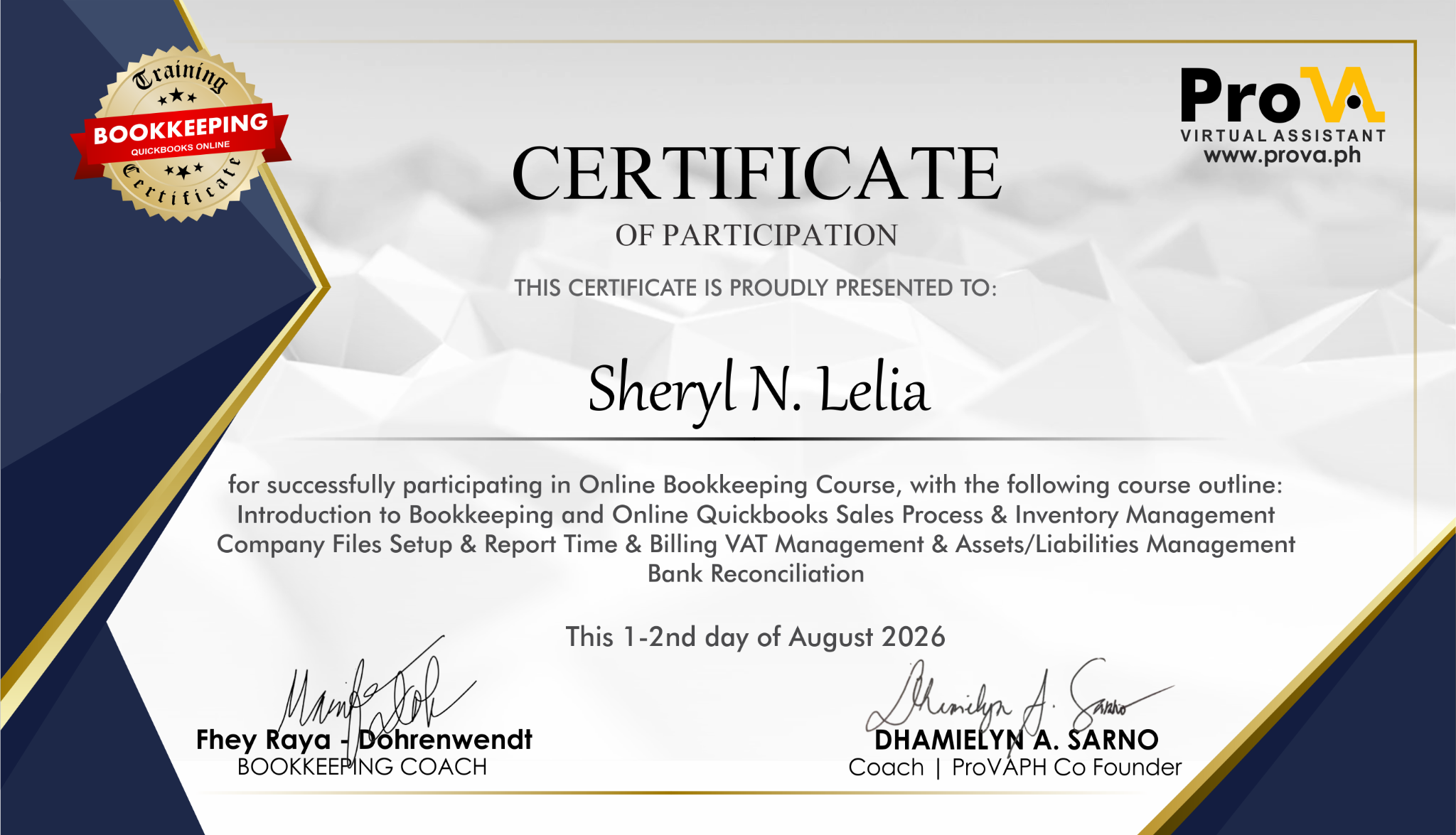 Bookkeeping and QuickBooks Online training certificate